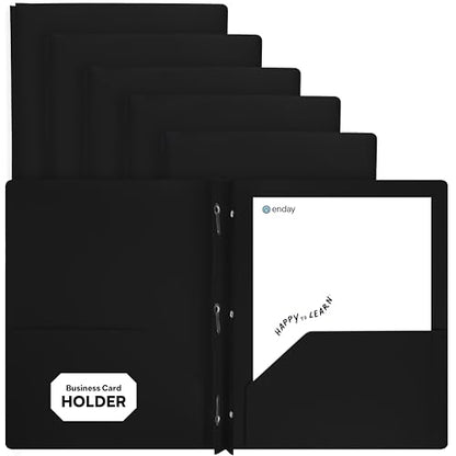 Plastic Folders with Pockets and Prongs Black, Two Pocket Folder with Brads, 3 Prong Folders with Pockets for Letter Size Sheets (6 Pack) - By Enday - color: Black