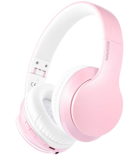 rockpapa E7 Over Ear Wireless Bluetooth Headphones with Mic Without Travel Case, Foldable Wired/Wireless Headphones with Microphone for Kids Childrens Boys Girls Teen Youth Adult Pink White - color: Pink White, style: without Case