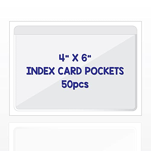 IMAGAME Clear Adhesive 4" x 6" Index Card Pockets, Labels Holders, 50 Pack | Top Open for Loading, Plastic Labels Holders, For Storage Bins and Library Card, Organizing and Protecting Cards, Photos - size: 4-5/8" x 6-5/16" for 4" x 6" Cards