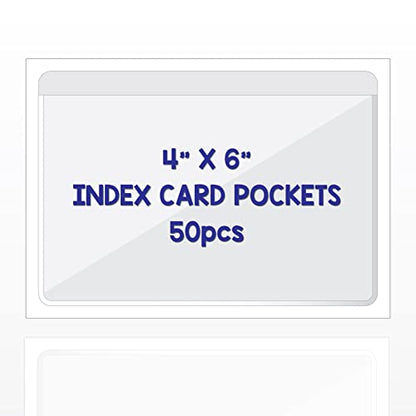 IMAGAME Clear Adhesive 4" x 6" Index Card Pockets, Labels Holders, 50 Pack | Top Open for Loading, Plastic Labels Holders, For Storage Bins and Library Card, Organizing and Protecting Cards, Photos - size: 4-5/8" x 6-5/16" for 4" x 6" Cards