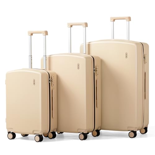 Hanke Hard Shell Luggage Sets 3 Pieces, Carry On and Checked Luggage Sets with Spinner Wheels, Durable PC Hardside Rolling Suitcase for Travel (20/24/28 Inch, Cuba Sand) - color: Cuba Sand, size: 20+24+28 Inch