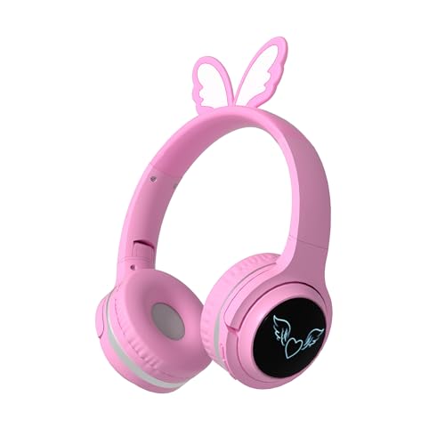 Kids Wireless Headphones with 7-Color RGB LED Lights, Long Playtime, Ultra-Soft Over-Ear for School Travel, Pink Butterfly Wings - color: Pink