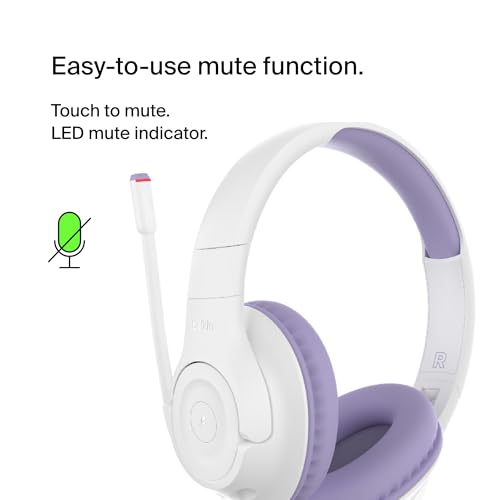 Belkin SoundForm Inspire Wireless Over-Ear Headset for Kids, Online Learning & Travel w/Built-in Microphone, 85dB Safe Volume Limit, 35H Battery - Compatible w/iPhone, iPad, Galaxy & More - Lavender - color: Lavender, style: Wireless