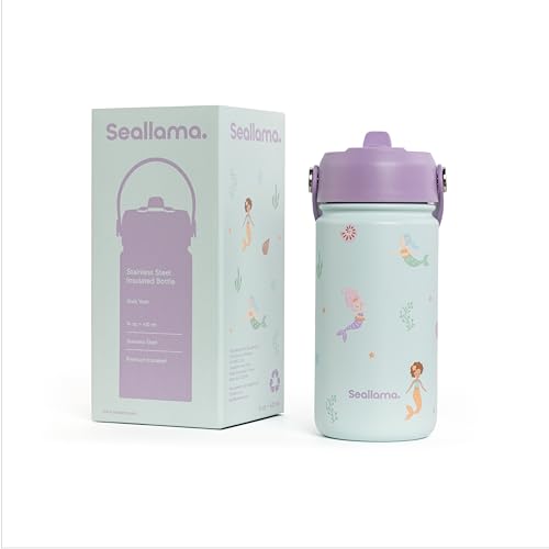 Seallama. Kids Water Bottle -14 oz Stainless Steel Tumbler with Straw Lid, Vacuum Insulated Double Wall Travel Cup, Leak-Proof Reusable Drink Bottle for School & Everyday Hydration - color: Shell Yeah