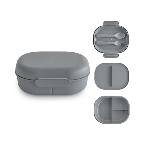 mushie Kids Bento Lunch Box | 3-Compartment & Removable Divider + Fork & Spoon Utensils | Great For Meals, School, Snacks On-the-Go | Dishwasher Safe (Smoke) - color: Smoke