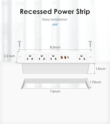 Recessed Power Strip with PD 20W USB-C, Flush Mounted Drawer Outlet, 4 Outlets & 3 USB Ports, Conference Desktop Built in Power Strip, 6FT Extension Cord(White) - size: 6FT, style: 20W-2A1C-White