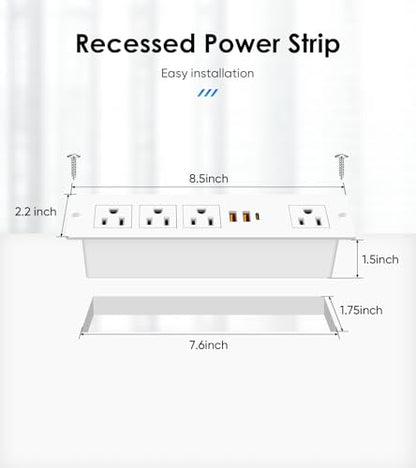Recessed Power Strip with PD 20W USB-C, Flush Mounted Drawer Outlet, 4 Outlets & 3 USB Ports, Conference Desktop Built in Power Strip, 6FT Extension Cord(White) - size: 6FT, style: 20W-2A1C-White