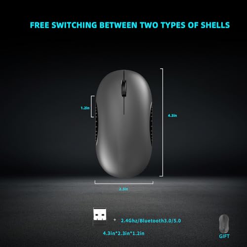 ONE-UP Wireless Mouse, 2.4G, Bluetooth5.0/3.0, Sound and Quiet Click, USB Nano Receiver, for Laptop, Chromebook, PC, Mac, Windows (Gray)