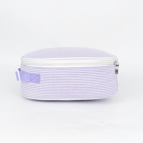 MT WORLD Personalized Lunch Bag Tote Custom Embroidery Name Reusable Seersucker Stripe Pattern Insulated Lunch Box - color: Purple