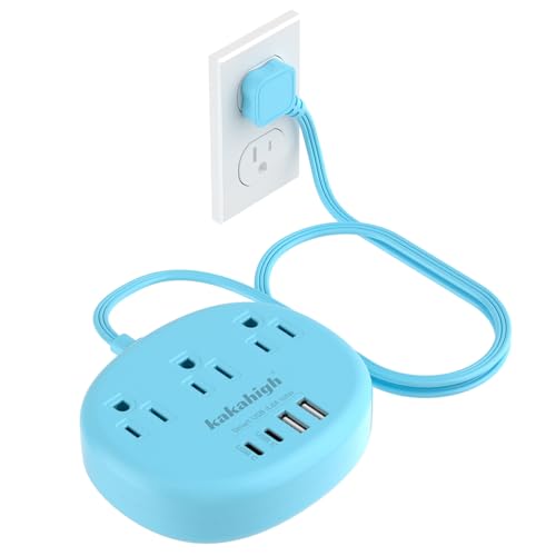Blue Extension Cord with USB C - 5 FT Flat Extension Cord | 1625W Cute Extension Cord with 3 AC Outlet 4 USB (24W/4.8A), Compact for Cute Blue Kawaii Desk Accessories - color: blue, size: 5FT