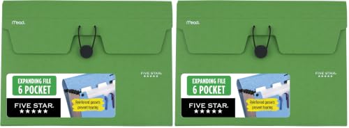 Five Star Expanding File Organizer, 6-Pocket Accordian File Organizer, Bungee Closure, Holds 11" x 8-1/2", Forest Green (350100D-ECM) (Pack of 2) - color: Forest Green, size: Pack of 2