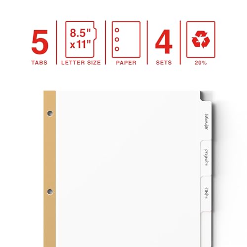 Staples Big Tab Write‑On Paper Dividers, 5‑Tab, White, Writable Customizable Binder Index Dividers, 4‑Pack - size: 5-Tab, style: White
