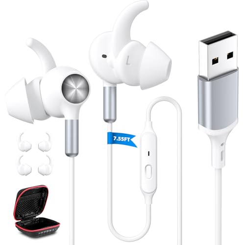 ASKUBSKU USB Headphones Earbuds with Microphone for PC 7.5 Ft Cable, White | USB A Headphones for Computer Office Meeting, Wired Headset with Mute Stereo Call Laptop Earphones for Dell/Surface - color: White
