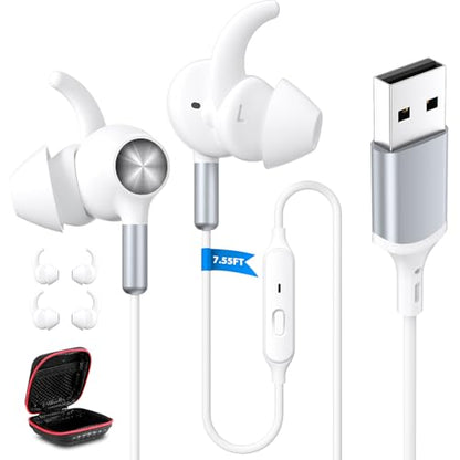 ASKUBSKU USB Headphones Earbuds with Microphone for PC 7.5 Ft Cable, White | USB A Headphones for Computer Office Meeting, Wired Headset with Mute Stereo Call Laptop Earphones for Dell/Surface - color: White
