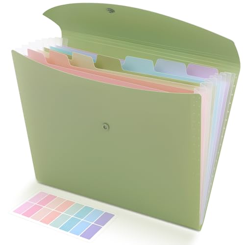 SKYDUE Cute Accordion File Organizer, Expanding File Folder with 8 Pockets, Document Organizer with Colorful Tabs for School, Office, Hospital Tax, Receipts Storage Letter/A4 Size Pale Green - color: Palegreen