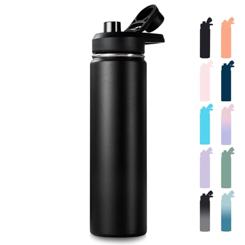 Fijinhom Insulated Water Bottle with Handle, 304 Stainless Steel Water Bottles with Wide Mouth, Double Wall Vacuum Sports Water Bottle, BPA Free, Keep Cold and Hot, 24 Ounces, Black | with Handle - color: Black, size: 24 Ounces