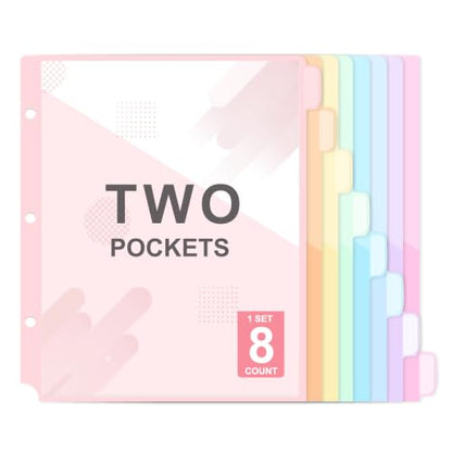 Binder Dividers with Pockets for 3-Ring Binder, 8-Tab Pastel Dividers | Fits Letter-Size Paper, Two Storage Pockets, Extra-Wide Tabs, Heat-Sealed PP Plastic, Back to School, Office Supplies