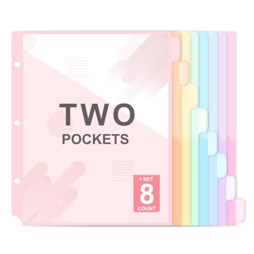 Binder Dividers with Pockets for 3-Ring Binder, 8-Tab Pastel Dividers | Fits Letter-Size Paper, Two Storage Pockets, Extra-Wide Tabs, Heat-Sealed PP Plastic, Back to School, Office Supplies