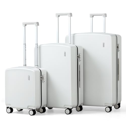 Hanke Hard Shell Luggage Sets 3 Pieces, Carry On and Checked Luggage Sets with Spinner Wheels, Durable PC Hardside Rolling Suitcase for Travel (16/24/28 Inch,Smoke White) - color: Smoke White, size: 16+24+28 Inch