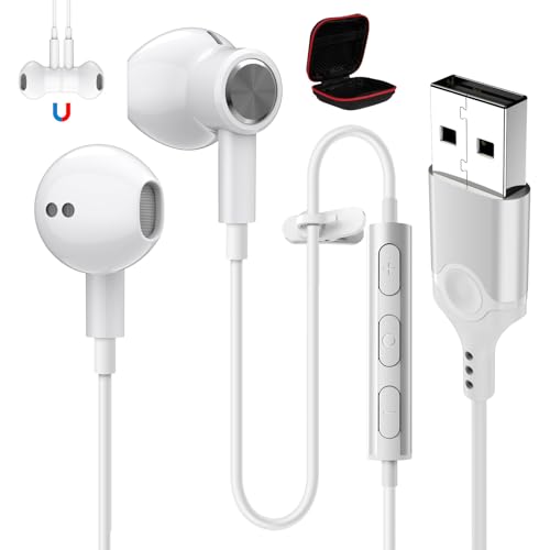 ASKUBSKU USB Headphones with Microphone for PC 7.5 Ft Cable, USB A Headset for Computer, Wired USBA Earbuds with Mute Stereo Noise Canceling Call Cord Earphones for Laptop, White - color: White