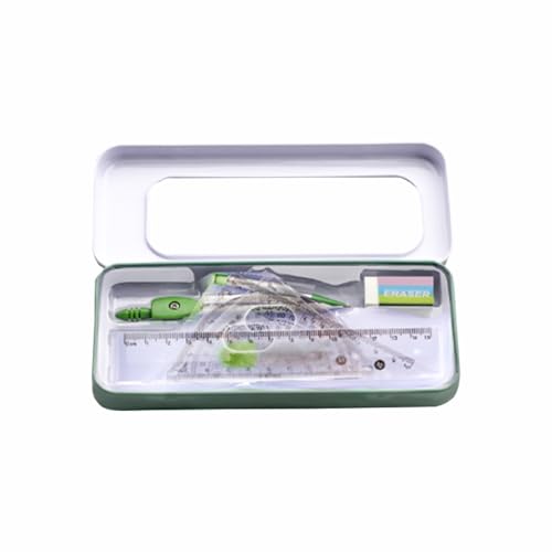 Math Geometry Tool Kit for Students – 8-Piece Compass Protractor Ruler Set with Metal Case, Anti-Myopia Office School Drawing Supplies (Green) - color: Green