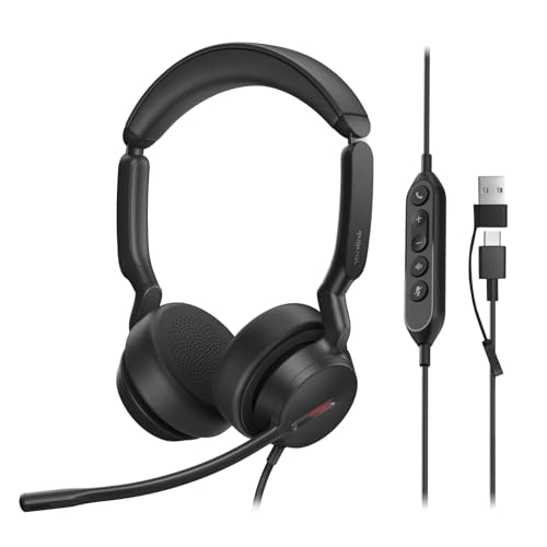 Yealink UH44 Wired USB Headset for Work, USB-C/A, 2 Noise-Canceling Mics | wired headphones with microphone for work,usb headset for pc laptop,office headset,work from home,busy light,inline controls
