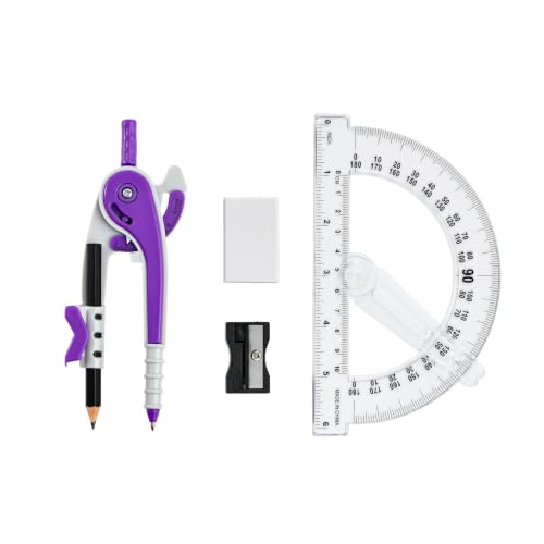 Vobou Compass and Protractor Set, 6 Inch Protractor with Swing Arm (Purple) | Compasses for Math for Drafting, Sharpener, Eraser and 180 Degree 6 Inch Clear Protractor, Easy Grip, School Supplies - color: Purple
