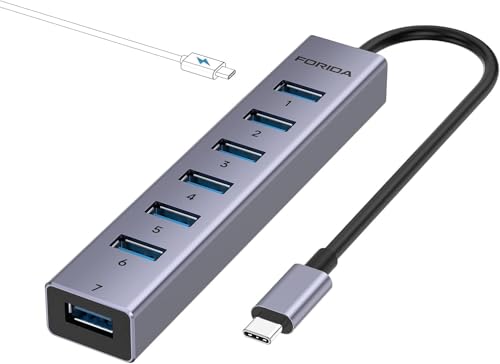 FORIDA USB C Hub-8 Port USB HUB with 7 USB3.0 Data Ports,Aluminum Alloy USBC Splitter with Type C 5V/3A Power Port Compatible with MacBook, iPad, Surface Pro, XPS, Laptop,PC (Gray,USB C-9.8in) - color: 9.84in Gray, size: USB C