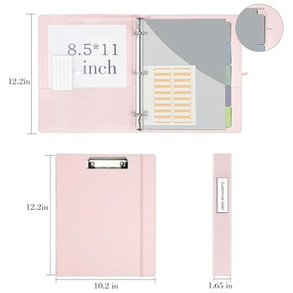 3 Ring Binder, 1 Inch Leather Binders with Clipboards, 5-Tabs Pockets Dividers, 18 Divider Stikers, Plastic Folder, Pen Holder, Three Ring Binder with Pen Holder(Pink, Letter Size) - color: Pink, size: 1in（Letter Size）