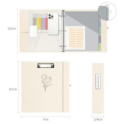 2 Inch 3 Ring Linen Binder Organizer, BVSSX Three Ring Binders with Clipboard, Plastic Folder, 5-Tabs Pocket Dividers with Sticker Labels, Pen Loop, Elastic Strap (Tulip, Letter Size) - color: Beige Flower, size: 2in（Letter Size）