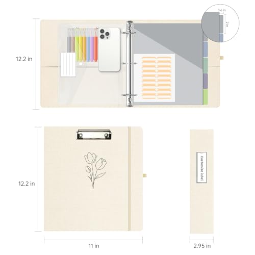 2 Inch 3 Ring Linen Binder Organizer, BVSSX Three Ring Binders with Clipboard, Plastic Folder, 5-Tabs Pocket Dividers with Sticker Labels, Pen Loop, Elastic Strap (Tulip, Letter Size) - color: Beige Flower, size: 2in（Letter Size）