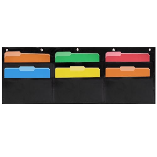 Essex Wares - 6 Pocket Horizontal File Hanging Paper Organizer for Letter Documents, Black, 42" Wide x 15.5" - Hanging Pocket File Organizer - Black Pocket Chart for Classroom & Office - 6 Pockets