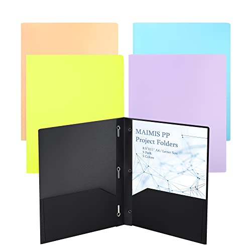 Plastic File Folders with Pockets - (5 Pack, Assorted Colors) Heavy Duty 3 Hole Two Pocket Folder with Pockets 3 Prong Folders A4 Letter Size Colored Plastic Folders for School Office Home - color: C