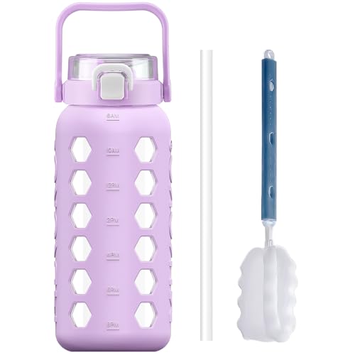 MUKOKO Half Gallon/64 oz Glass Water Bottles with Straw and Lid,Motivational Water Jug with Time Marker Reminder and Silicone Sleeve,100% Leakproof BPA Free Fitness Sports Large Bottle-Purple - color: Purple, size: 64 Ounces