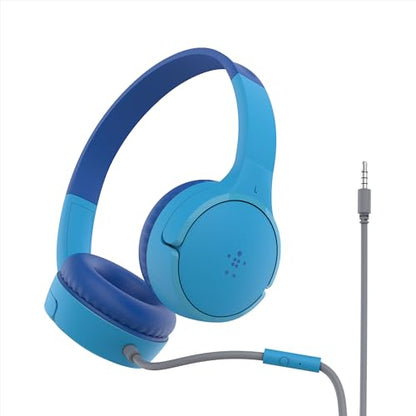 Belkin SoundForm Mini Kids Wired Headphones with Built-in Microphone & Fun Stickers, 85dB Safe Volume Limit – for Online Learning, Travel, Compatible w/iPhone 15, iPad, Galaxy S23, & More - Blue - color: Blue, style: Wired