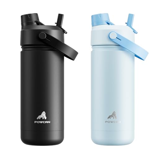 POWCAN 2 Pack 18 oz Insulated Water Bottle for School: Leakproof, 2-in-1 Straw Spout Lid, BPA-Free, Keep Cold 24 Hrs, Stainless Steel Cup (Dark Knight & Sea Breeze) - color: Dark Knight & Sea Breeze, size: 18 oz (Pack of 2)