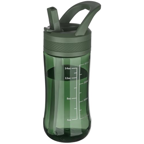 14oz Clear Kids Water Bottle with Straw Lid, BPA-Free Tritan, Measurement Scale, Sturdy Handle Wide Mouth Leak-proof Reusable Plastic Bottle for Boy& Girls, Back to School（Army Green） - color: Army Green