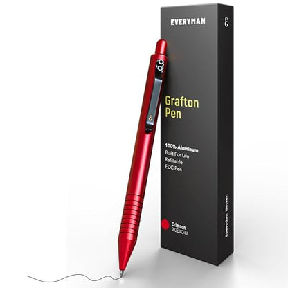 Everyman Crimson Grafton Full Click Refillable 0.7mm Gel Ink Pen | Sleek Anodized Aluminum EDC Pen with Deep Grooved Grip | Smooth Writing Pocket Pen for Office, Travel, Gifting & Daily Use - color: Crimson, style: Full Click