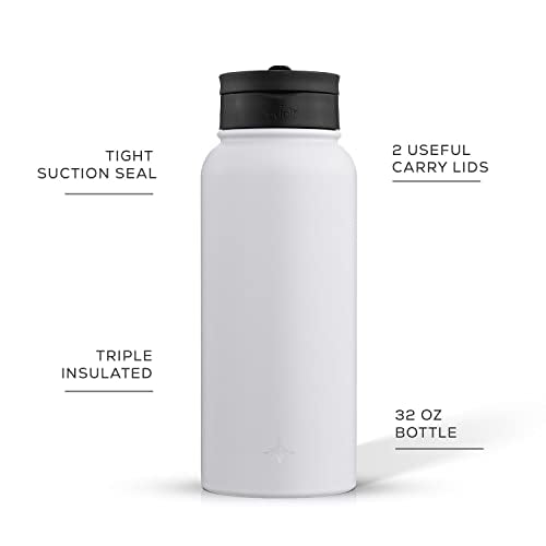 JoyJolt Triple Insulated Water Bottle with Straw Lid AND Flip Lid! 32oz Large Water Bottle, 12 Hour Hot/Cold Vacuum Insulated Stainless Steel Bottle. BPA-Free Leakproof Water Bottles - Thermos Bottle - color: Matte White, size: 32 Ounces