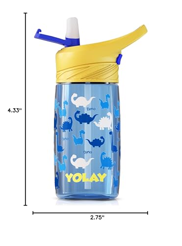 YOLAY 15oz Kids Water Bottle For School Boys and Girls, Durable Toddler Water Bottle with Straw Lid Leak-Proof, Spill Proof, Easy Clean and Dishwasher Safe with Re-Usable and BPA Free - Dino - color: Dino