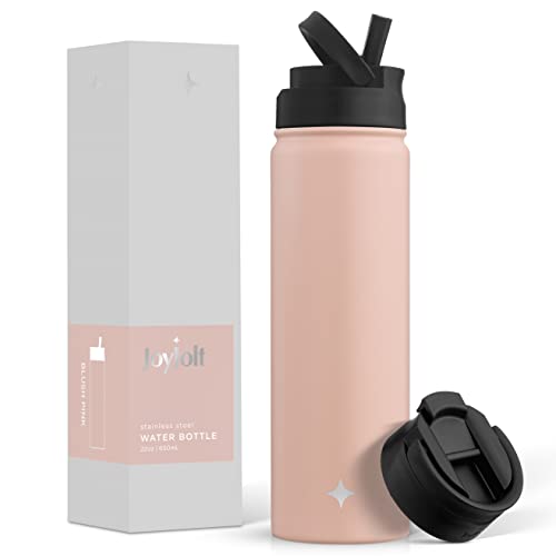 JoyJolt Triple Insulated Water Bottle with Straw Lid AND Flip Lid! 22oz Water Bottle, 12 Hour Hot/Cold Vacuum Insulated Stainless Steel Water Bottle. BPA-Free Leakproof Water Bottles - Thermos Bottle - color: Blush Pink, size: 22 Ounces