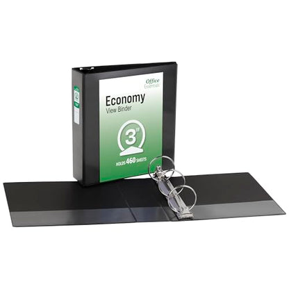 Office Essentials Economy View 3 Ring Binders, 3" Round Rings, 3.5" Spine, 460-Sheet Capacity, Black Binders (12-Pack of 03431) - size: 3"