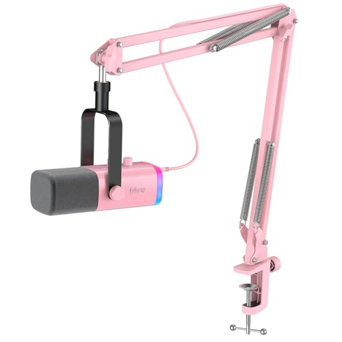FIFINE XLR Gaming Microphone USB, PC Dynamic Microphone Kit for Vocal, Recording, Podcast, Streaming RGB Mic with Headphone Jack, Mute Button, Boom Arm Stand for Computer/Mixer-AmpliGame AM8T Pink - color: Pink