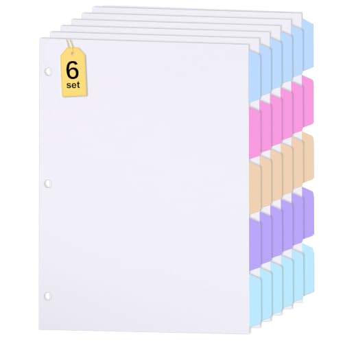 6 Sets 30 Pcs Binder Dividers with Tabs for 3 Ring Notebook Index Pages | White Paper Writable and Multicolor Preprinted 5 Tabs, 8.5 × 11 Inch Organizing Documents Files For School Office Home - size: 6 Set/30 Pcs