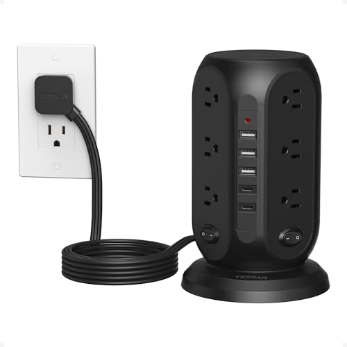 TESSAN Tower Power Strip with Individual Switches, Surge Protector with 12 Outlets, 5 USB Ports(2 USB C), Flat Extension Cord 10 Ft, 1250W, Charging Station for Multiple Devices, Office, Dorm, Black - color: Black, size: 10 FT