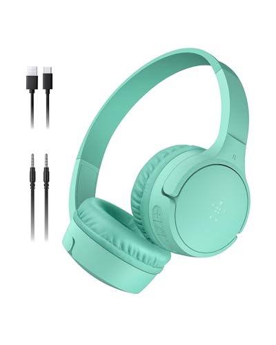Belkin SoundForm Mini - Wireless Bluetooth Kids Headphones, 30H Battery, 85dB Safe Volume Limit, Built-in Microphone - Toddler On-Ear Earphones for iPhone, iPad, Fire Tablet, Ideal for School - Mint - color: Mint, style: Wireless (USB-C)