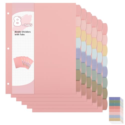 6 Sets of 48Pcs Binder Dividers with Tabs, 8 Tab Dividers for 3 Ring Binder | Waterproof Plastic Page Notebook Index Dividers for Office School Home Document file Organization, Letter size 8.5 × 11 Inch - color: Colorful (Pink), size: 6 Set/48 Pcs