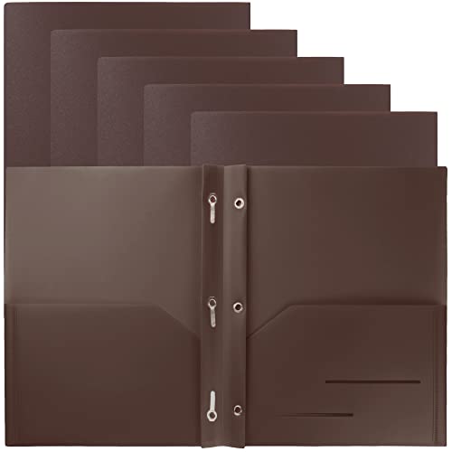 Youngever 6 Pack Heavy Duty Plastic Two Pocket Folders with 3 Prongs, Metal Prongs Fastener, Heavy Duty Plastic 2 Pocket Folder (Brown) - color: Brown