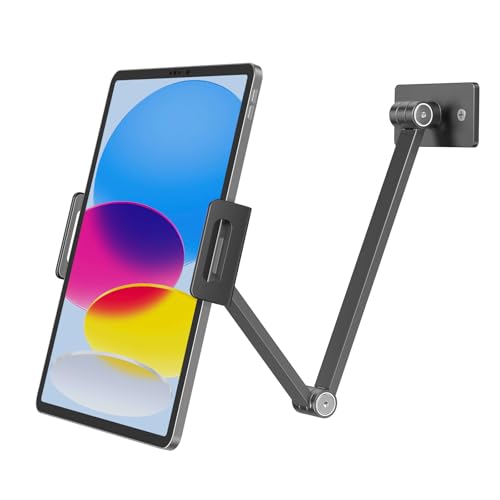 BEWISER Tablet Wall Mount Holder,360° Rotating Flexibly, Height and Angle Adjustable, Folding Aluminium Alloy Long Arm Compatible with4.7-12.9" Phone and Tablet in Kitchen or Office (Space Grey)… - color: Black