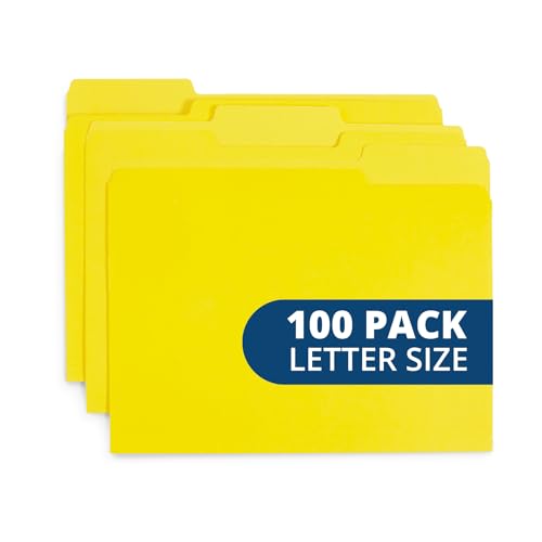 Blue Summit Supplies 100 File Folders, Letter Size, 1/3 Cut Tab, Yellow | Durable 11pt uncoated paper, 1/3 cut top tab, assorted tab positions, for office, school, and home filing - color: Yellow